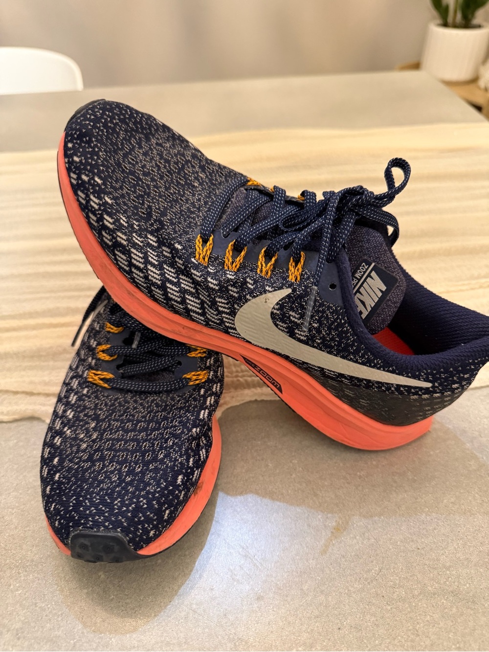 Nike Navy Knit Running Shoes with Coral Midsole and Silver Swoosh